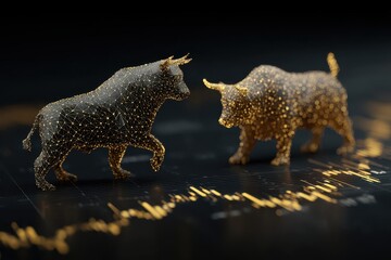 Financial infographic depicting bull and bear market trends with visual representation of stock market fluctuations