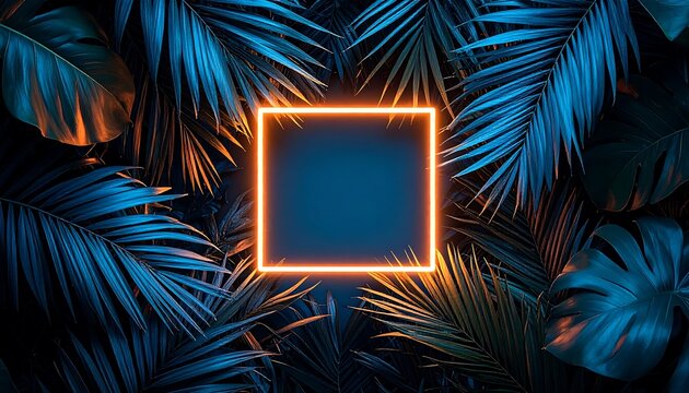 Neon orange square frame centered on navy blue and olive green tropical palm leaves background
