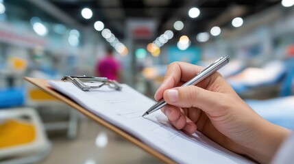 A person is writing on a clipboard in a hospital room. The clipboard is on a bed, and the person is using a pen to write. Scene is serious and focused