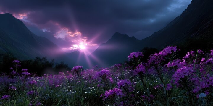Vibrant purple flowers bloom in a serene valley at sunset surrounded by majestic mountains