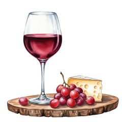 Watercolor art featuring a delightful arrangement of red wine, grapes, and cheese on a wooden board, perfect for culinary designs and menus.