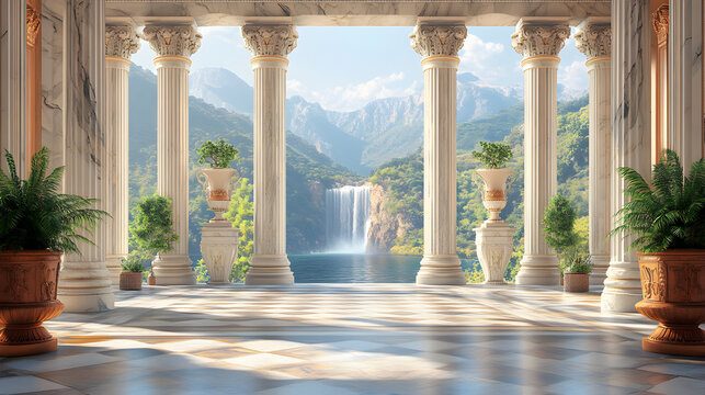 Ancient Roman Architecture Scene in 3D Vector – Marble Hallway with Arched Entrance and Traditional Vase for Cultural Design Projects