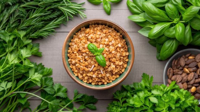 Organic granola concept ,Vibrant Green Herbs and Legumes Fresh Basil, Parsley, and Split Peas Create Healthy Culinary Scene