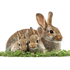 Fototapeta premium A mother rabbit and her two young bunnies sit together in green clover on transparent background