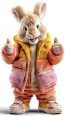 Colorful rabbit character wearing a stylish coat and sneakers expressing excitement with thumbs up gesture in a cheerful setting