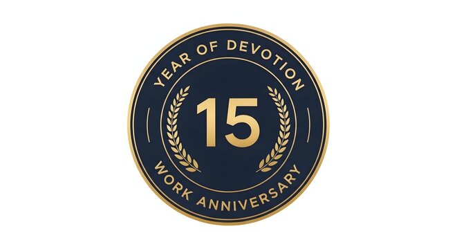 Gold and blue fifteen year of devotion work anniversary seal. Elegant logo icon for celebrating a professional milestone, company loyalty, and employee service award. Isolated on white