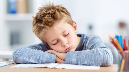 Fototapeta premium A boy appears to be exhausted while studying at his desk, resting his head on his arms with open books nearby. The soft afternoon light filters through, creating a serene atmosphere.