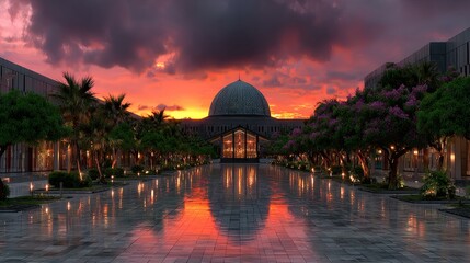 Obraz premium Sunset View of Modern Dome Building with Reflective Water and Lush Gardens
