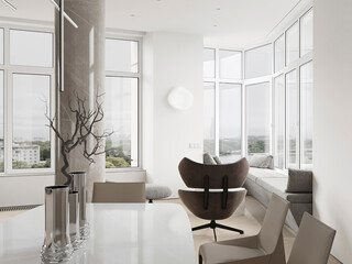 Contemporary living room with large windows, designer chair, and minimalist decor, featuring a decorative tree branch and modern lighting.