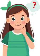 Obraz premium smart curious girl with question mark thought bubble, pondering and smiling. flat cartoon vector