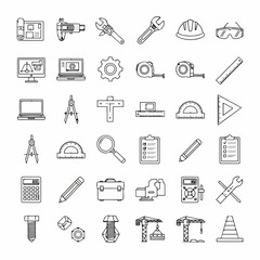A collection of line art icons representing engineering and construction tools, blueprints, safety equipment, and measurement devices.