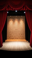Empty stage with red curtains and brick wall backdrop illuminated by spotlights