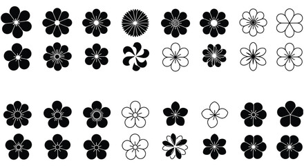 Collection of Japanese Flower Icons in Black and White Style