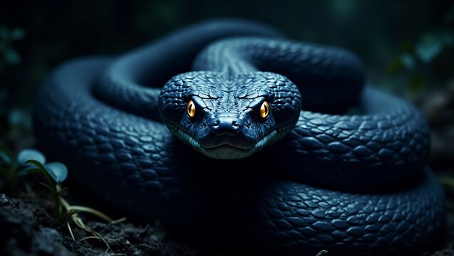 Hyper realistic Cinematic Black Mamba Snake Closeup with Intense Orange Eyes