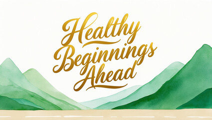 greeting card with a soft, bright color background with illustration of a minimalist watercolor of road to the green mountain on the bottom with the warm, gold text “ Healthy beginnings ahead!"