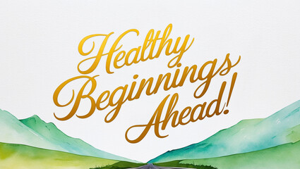 greeting card with a soft, bright color background with illustration of a minimalist watercolor of road to the green mountain on the bottom with the warm, gold text “ Healthy beginnings ahead!"