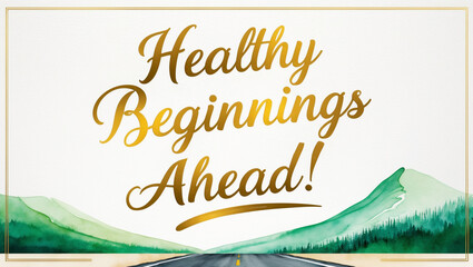 greeting card with a soft, bright color background with illustration of a minimalist watercolor of road to the green mountain on the bottom with the warm, gold text “ Healthy beginnings ahead!"