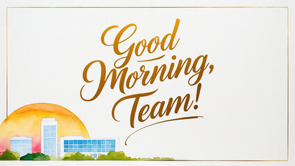 greeting card with a soft, bright color background with illustration of a minimalist watercolor of office building and sunrise on the bottom with the warm, gold text“ Good morning, team!"
