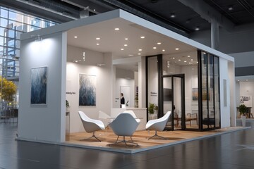 Modern exhibition booth setup featuring minimalistic design and spacious layout in a large convention center