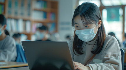 Asian student wearing a face mask working on a laptop in a classroom with other students present