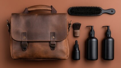 Leather satchel arranged neatly with grooming essentials including bottles, brush and shaving brush against a solid brown backdrop