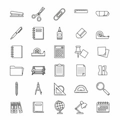 A diverse collection of outlined icons representing essential office, school, and stationery items on a white background.