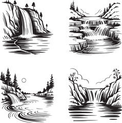 Hand drawn style Waterfall silhouette set isolated on transparent background