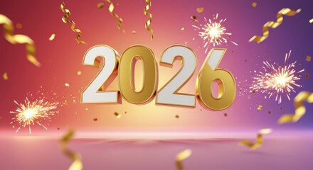 A celebratory image featuring the gold-outlined "2026" against a colorful gradient, decorated with sparkling fireworks, confetti, & streamers