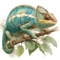 Obraz premium Chameleon on Branch Watercolor Sketch