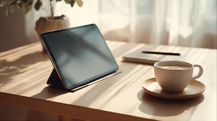 A tablet and coffee cup are on a wooden desk in a bright workspace