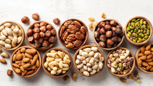 Different types of nuts are displayed in wooden bowls on a light wooden surface. Each bowl contains unique varieties, highlighting their textures and colors. - Powered by Adobe