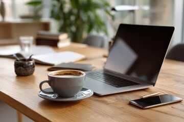 Obraz premium Modern workspace features laptop computer, coffee cup, and stylish desk arrangement for productivity