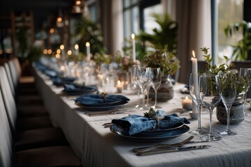 Long dinner tables adorned with grey blue decor set for an elegant evening gathering in a warm, inviting restaurant atmosphere