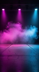 Stage with pink and blue lights and smoke effects
