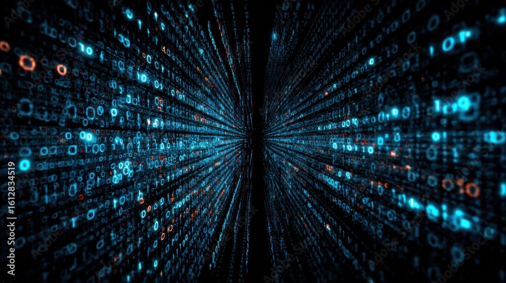 Poster vivid streams of binary data flow through a digital tunnel, creating a sense of depth and motion. th