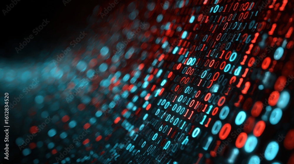 Poster colorful streams of binary code flow across a digital space, showcasing a blend of blue and red hues