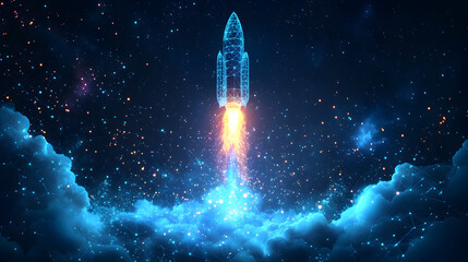 Polygonal Wireframe Spaceship Launching with Digital Particles – Abstract Concept of Business Growth and Technological Innovation