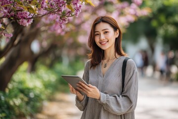 Young asian woman student smiles while using a tablet in a park surrounded by blooming cherry blossom trees on a sunny day