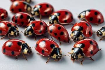 Fototapeta premium Ladybug collection showcasing vibrant red and black insects on a smooth white surface during daylight hours