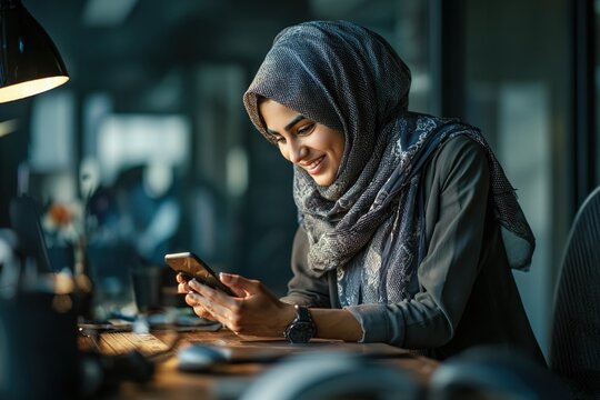 Middle Eastern muslim businesswoman manager ceo using cell phone mobile app. Smiling young indian woman in hijab holding smartphone sitting in office working online at desk on gadget with copy space.