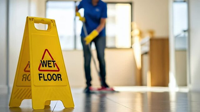 A cautionary wet floor sign stands prominently in a commercial building hallway where a cleaning person is mopping.