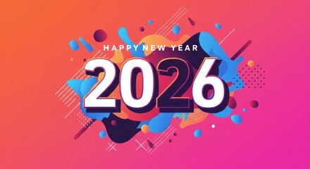 Vivid gradient New Year graphic with "2026" and abstract shapes in shades of pink, orange, purple