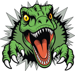 Angry cartoon dinosaur bursting through wall, fierce T-Rex illustration, sharp teeth monster art, aggressive green reptile clipart, roaring Jurassic beast © MSAYASHA