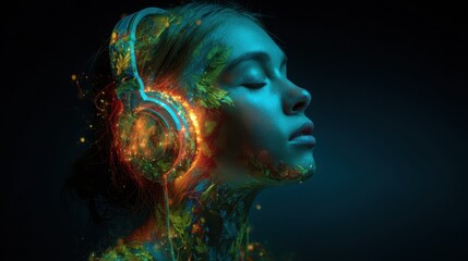 A young woman with headphones on appears lost in music, surrounded by vibrant colors and glowing elements that blend with her serene expression. The scene evokes a dreamy, artistic atmosphere.