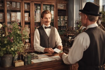 Customer confirms order with attentive staff in a vintage shop filled with plants and products in realistic PH setting