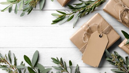 Gifts in kraft paper with twine and tags are arranged with green leafy branches on white wood planks