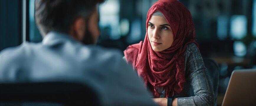 Businesswoman in hijab making financial consultation for client in office. Professional business people muslim woman and man working together as team at desk. Over shoulder view. Banner, copy space