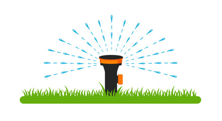 Lawn irrigation system with water spraying over green grass in a flat vector illustration style
