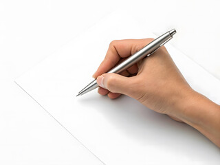 Hand Holding Silver Pen Writing on White Paper