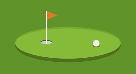 Minimalist Golf Course Illustration with Ball Flag and Hole on Green Textured Background
